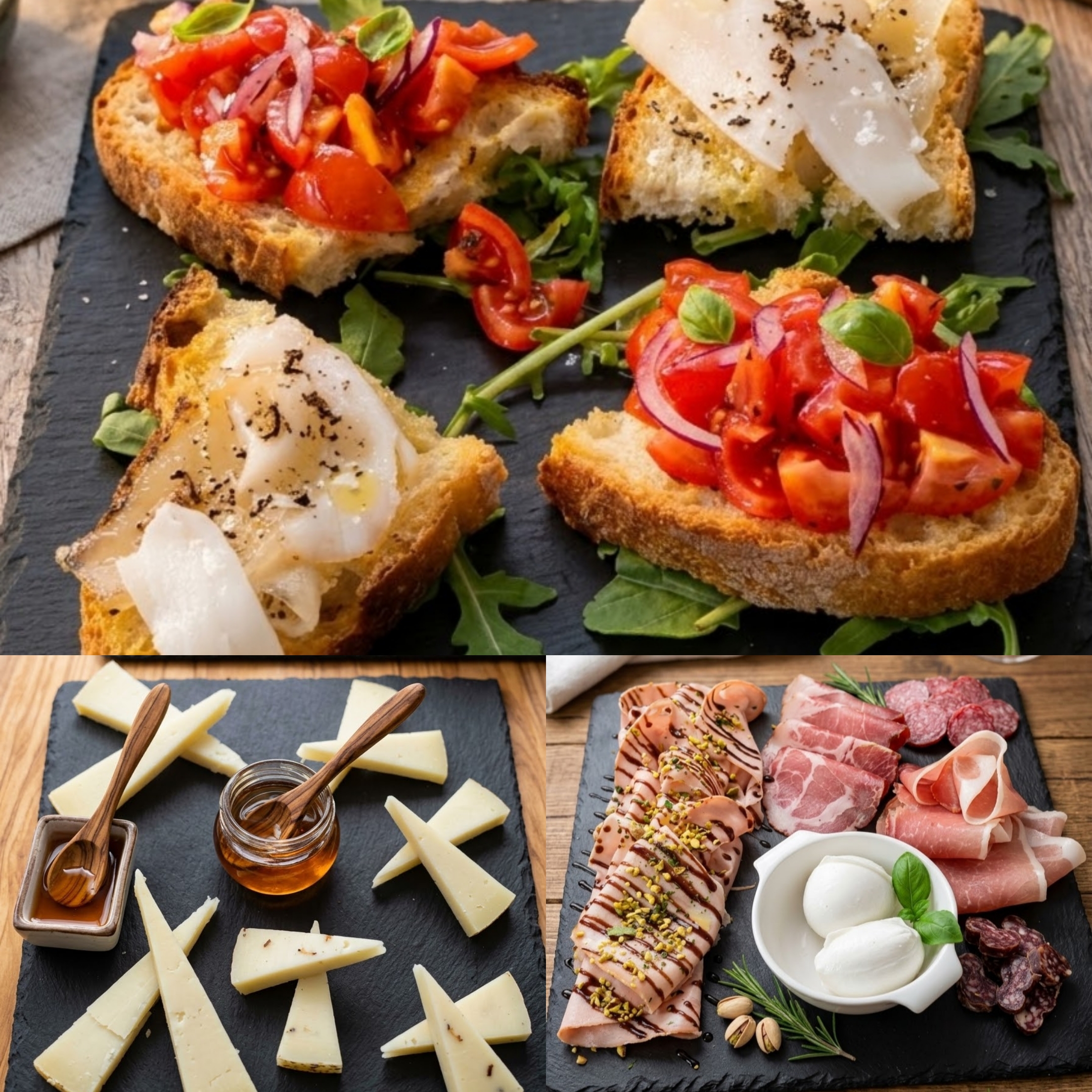 Bruschettine miste, tagliere di formaggi locali accompagnati da miele e confettura, tagliere di affettati misti